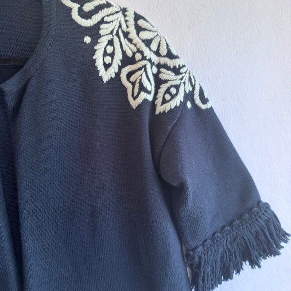 J. McLaughlin Navy Embroidered Fringe Sleeve Cardigan Jacket  L Cotton coastal - Picture 4 of 6